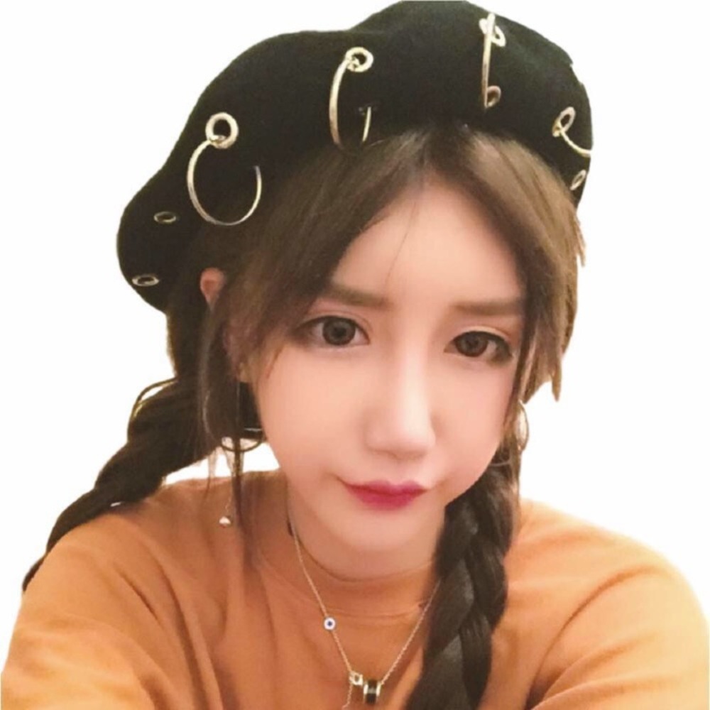 Vintage Handmade Wool Punk Iron Ring Beret Lolita Girls Painter Hat new